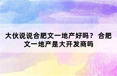 大伙说说合肥文一地产好吗？ 合肥文一地产是大开发商吗